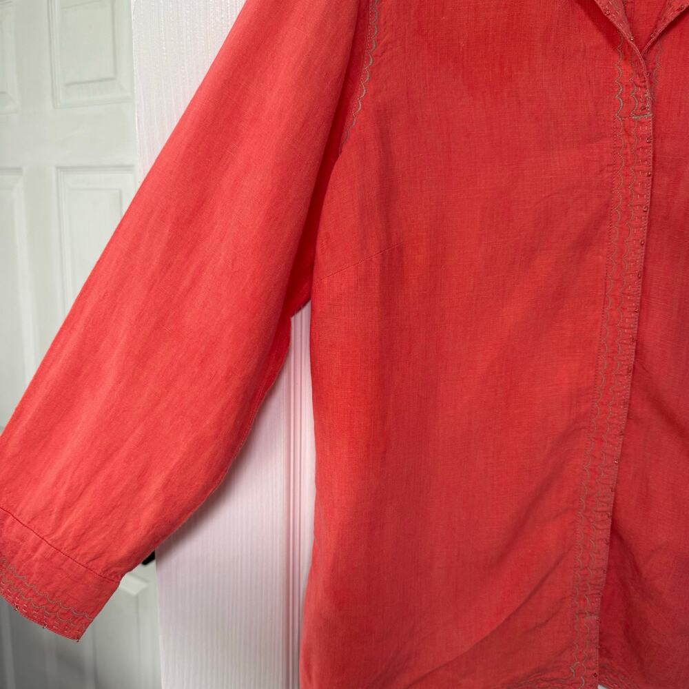 Sigrid Olsen Women's100%Linen Orange Embroidered Beaded Long Sleeve Top 1X - Picture 4 of 16